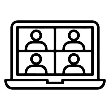 Bir dizüstü bilgisayarın basit bir çizgi resim simgesi, bir ızgara düzeninde dört soyut kişi simgesini gösterir.