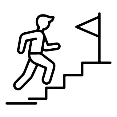 Basit bir çizgi sanat ikonu, merdivenlerden bayrağa doğru koşan bir kişiyi tasvir eder, gelişimi ve başarıyı simgeler..