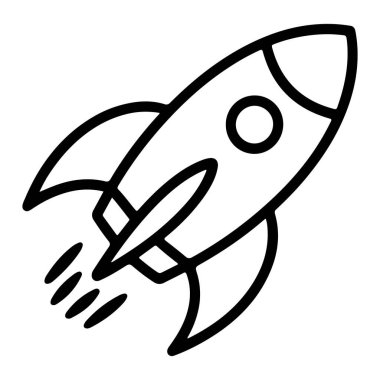 Hareketli yüzgeçleri ve egzoz alevleri olan bir roket gemisinin siyah beyaz çizimi.