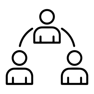 Bir hiyerarşik veya ağ yapısına bağlı üç stilize insan figürünü gösteren bir minimalist çizgi resim simgesi.