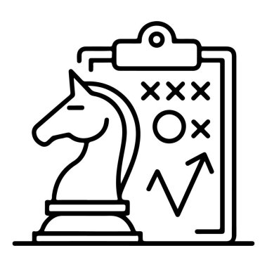Bir satranç şövalyesini strateji diyagramı olan bir panonun yanında tasvir eden stilize edilmiş bir sanat simgesi..