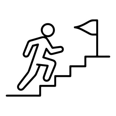 Basamakları bayrağa doğru çıkan bir kişinin basit bir çizgi çizimi, başarıyı ve ilerlemeyi simgeliyor..
