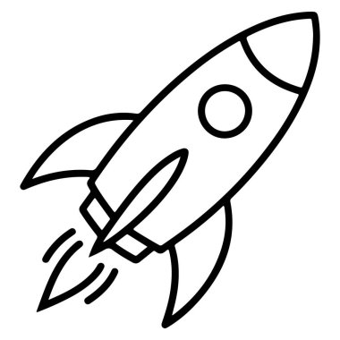 Ateşli egzoz izleriyle yükselen bir roketin minimalist siyah beyaz çizgisi.