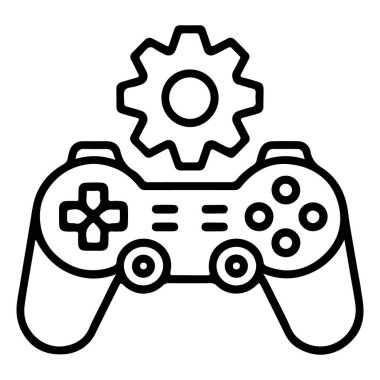 Üzerinde dişli sembolü olan bir video oyunu denetleyicisini tasvir eden siyah beyaz çizgi resim simgesi.