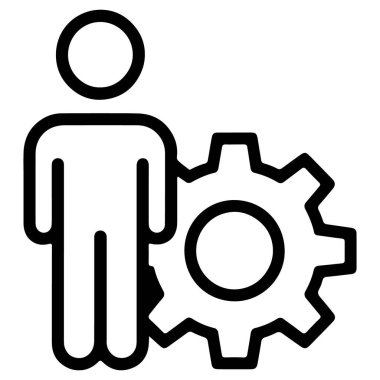 Basit bir çizgi, büyük bir dişlinin yanında duran insan siluetini tasvir eder..