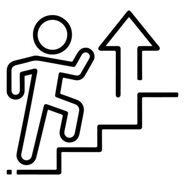 Basit bir çizgi sanat ikonu, yukarı doğru yükselen bir ok ile yükselen bir kişiyi gösteriyor. Bu da büyümeyi ve başarıyı gösteriyor..