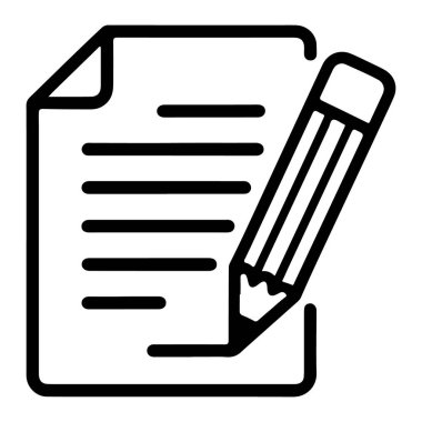 Çizgileri ve yazmaya hazır kalemi olan bir kağıt parçasını tasvir eden minimalist bir siyah-beyaz taslak simgesi.