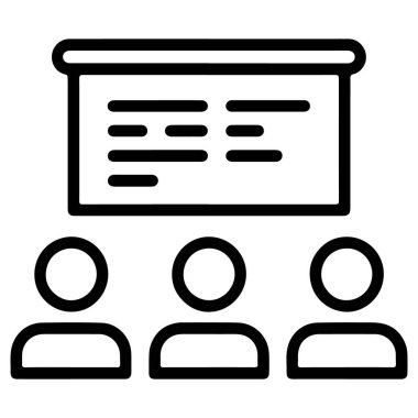 Bir sunum tahtası ve üç izleyici üyesini gösteren basit bir satır sanatı simgesi.