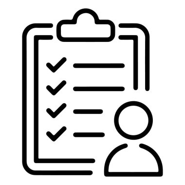 Tamamlanmış ögeler ve bir kişi silueti ile bir kontrol listesi tasvir eden basit bir siyah beyaz çizgi resim simgesi.