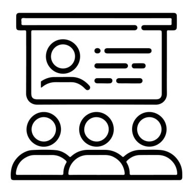 Üç izleyicinin izlediği bir kuruldaki sunucuyu gösteren basit bir çizgi çizimi simgesi.