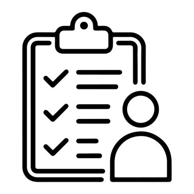 Kontrol listesi ve bir kişinin silueti olan bir panoyu tasvir eden basit bir satır resim simgesi.