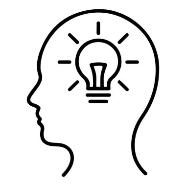 Yeni bir fikri sembolize eden parlayan bir ampulle insan kafasının basit bir çizimi..