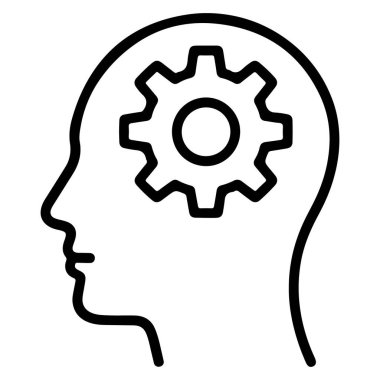 Basit bir çizim, beyin bölgesinde dişli çarklı bir insan kafası profili çiziyor..