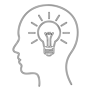 Beynin içinde bir fikri sembolize eden parlayan bir ampulle insan kafasının basit bir çizimi..