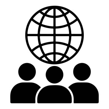 Küresel takım çalışmasını ve uluslararası işbirliğini sembolize eden, üç siluetli figürü tasvir eden stilize edilmiş bir ikon..