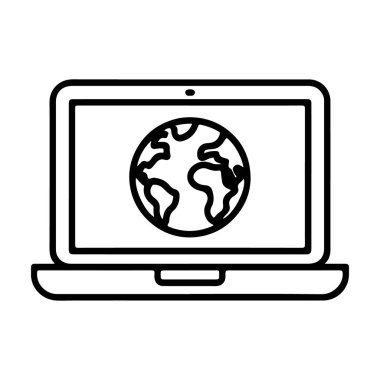Ekranında interneti temsil eden bir dünya simgesi olan bir dizüstü bilgisayarın basit bir çizgi çizimi.