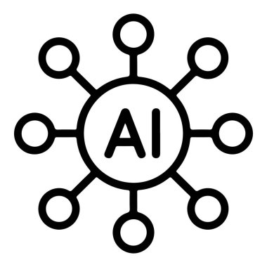Birbirine bağlı düğümlerle yapay zekayı temsil eden bir minimalist simge ve merkezi bir yapay zeka çekirdeği.