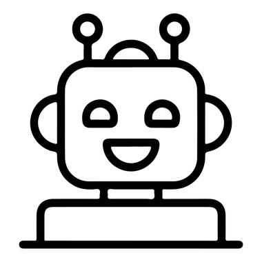 Neşeli, minimalist bir robot kafası çizimi geniş bir gülümseme ve iki anten.