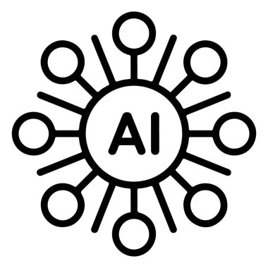 Birbirine bağlı ve veri işlemeyi sembolize eden, birden fazla düğüme bağlı merkezi yapay zeka merkezi.