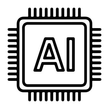Bir bilgisayar çipinin stilize edilmiş sanat simgesi içinde yapay zeka harfleri var..