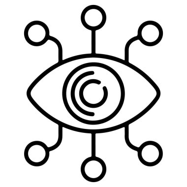 Eş merkezli dairelerle şekillendirilmiş göz sembolü ve teknoloji ve veriyi temsil eden düğümler.