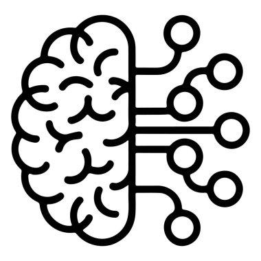 Birbirine bağlı dijital düğümlerden oluşan bir dijital ağ ile birleşen bir beynin minimalist çizgi sanatı.