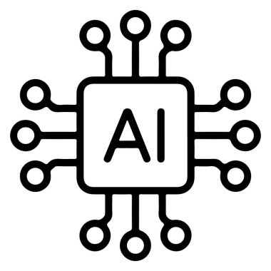 Merkezi kare çipin minimalist çizgisi çizimi. AI etiketli ve çevreye yayılan devre bağlantıları var..