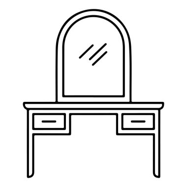 İki çekmecesi ve kemerli aynası olan klasik bir makyaj masasının minimalist çizgisi..