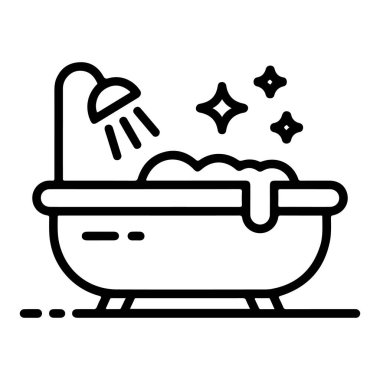 Köpüklü su ve duş başlığıyla dolu bir küvetin basit bir çizimi..