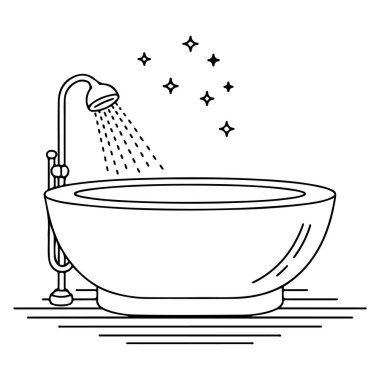 Banyo başlıklı bir küvetin minimalist çizimi. Su püskürtüyor ve köpüklü efektler sergiliyor..