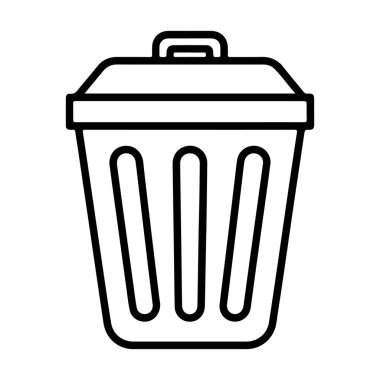 Kapaklı bir çöp kutusunun minimalist siyah beyaz çizimi.