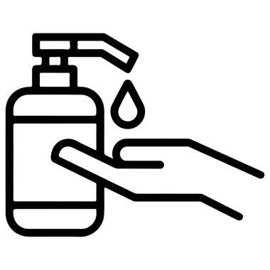 Basit bir çizgi resim ikonu, bir el dezenfektanı şişesinin bekleyen bir ele sıvı dağıttığını gösteriyor..