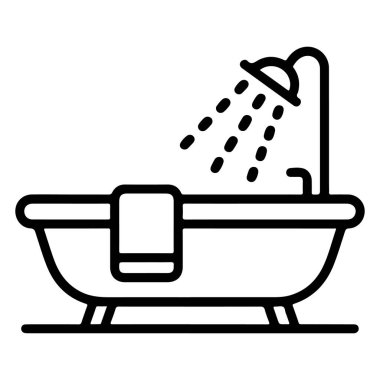 Pençe ayaklı küvetin minimalist siyah beyaz çizgisi. Duş başlığı ve havlusu var..