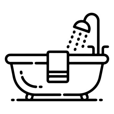 Duş başlığı ve havlusu olan bir küvetin minimalist siyah beyaz çizgisi.