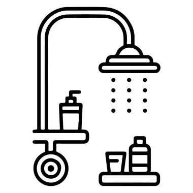 Duş başlığı, şeker kutusu ve raftaki tuvalet malzemelerinin temiz çizgileri..