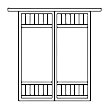 Ayrıntılı panelli simetrik bir çift kapı aralığı çizen siyah beyaz bir çizgi.