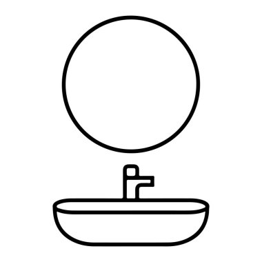 Temiz bir çizgi, üzerinde musluk ve dairesel ayna olan bir banyo lavabosunu resmediyor..