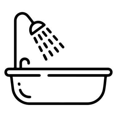 Minimalist bir çizgi, duş başlığından fışkıran suyla dolu bir küveti resmediyor..