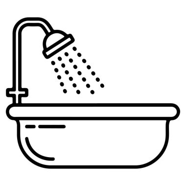 Minimalist bir çizgi, duş başlığından fışkıran suyla dolu bir küveti resmediyor..