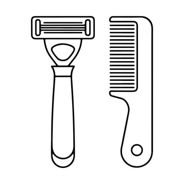 Traş bıçağı ve tarağın minimalist siyah beyaz çizgisi..