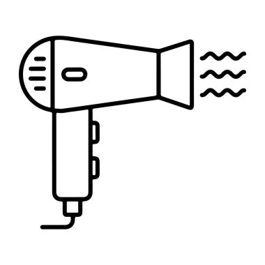 Hava akışını temsil eden dalgalı çizgileri olan bir saç kurutma makinesinin minimalist siyah beyaz çizimi..