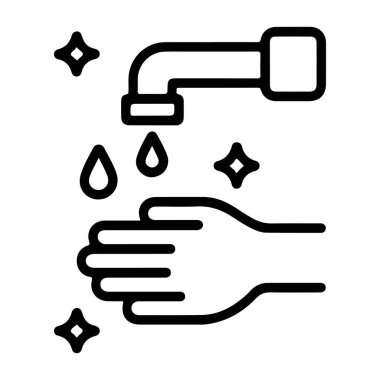 Su damlacıklarıyla el yıkamayı ve pırıl pırıl temiz efektleri gösteren basit bir çizim çizimi.