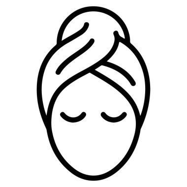 Minimalist siyah beyaz çizgili bir kadın yüzü kapalı gözleri ve kafasının etrafına sarılmış bir havluyla.