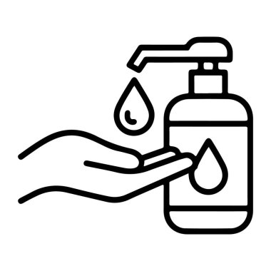 Pompa dağıtıcıdan el dezenfektanı alan bir elin çizgi çizimi.
