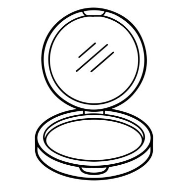 Açık kompakt aynanın yansımasını gösteren siyah beyaz bir illüstrasyon..