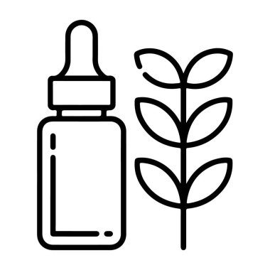 Yaprakları olan stilize bir bitki sapının yanındaki bir şişenin minimalist çizgi sanat simgesi..