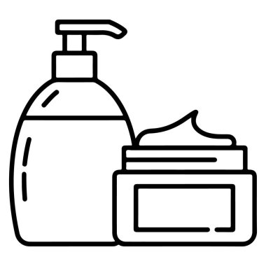 Cilt bakım ürünleri, pompa makinesi ve krema kavanozunun basit siyah beyaz çizgileri..