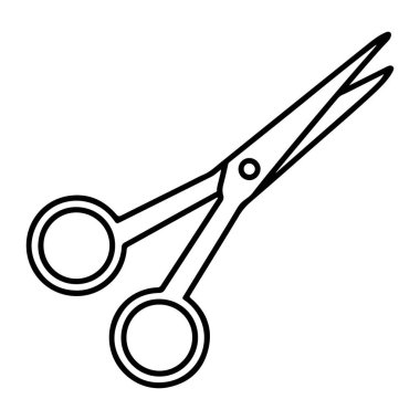 Açık bir makasın minimalist çizimi, temiz beyaz bir arkaplanda sunuluyor..