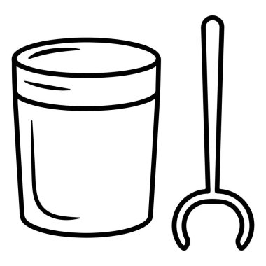 Saplı ve eğri uçlu bir aracın yanındaki silindirik bir kavanozun minimalist çizimi.