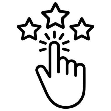 Üç yıldıza tıklayan bir elin basit bir çizimi, olumlu bir derecelendirmeyi ya da gözden geçirmeyi simgeliyor.